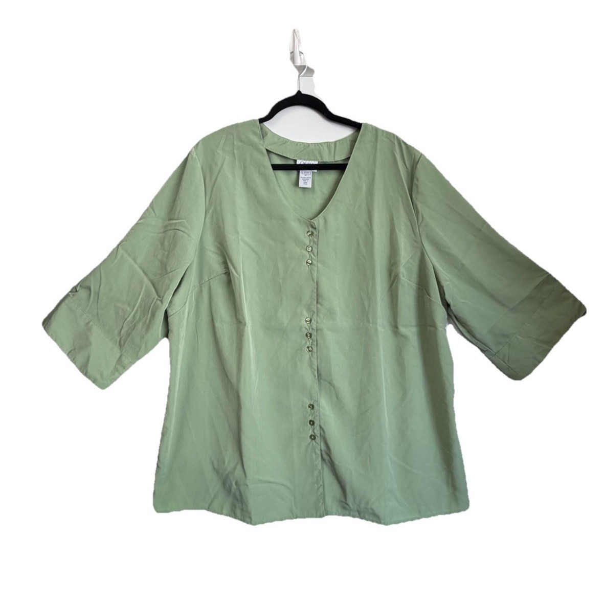 Only Necessities Green V-Neck Button Blouse Relaxed Fit 3/4 Sleeve Plus 1x